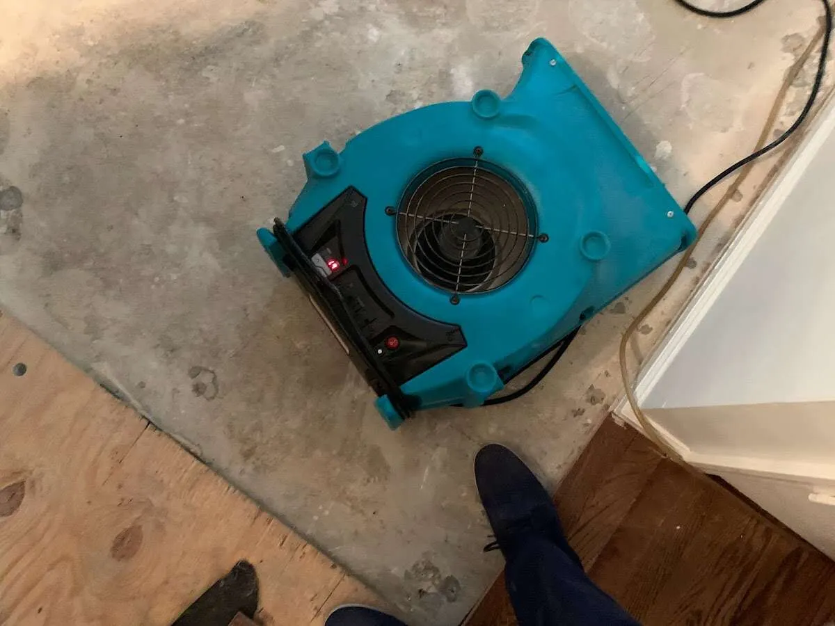 Air mover drying subfloor during Commercial Water Damage Restoration in Santa Maria